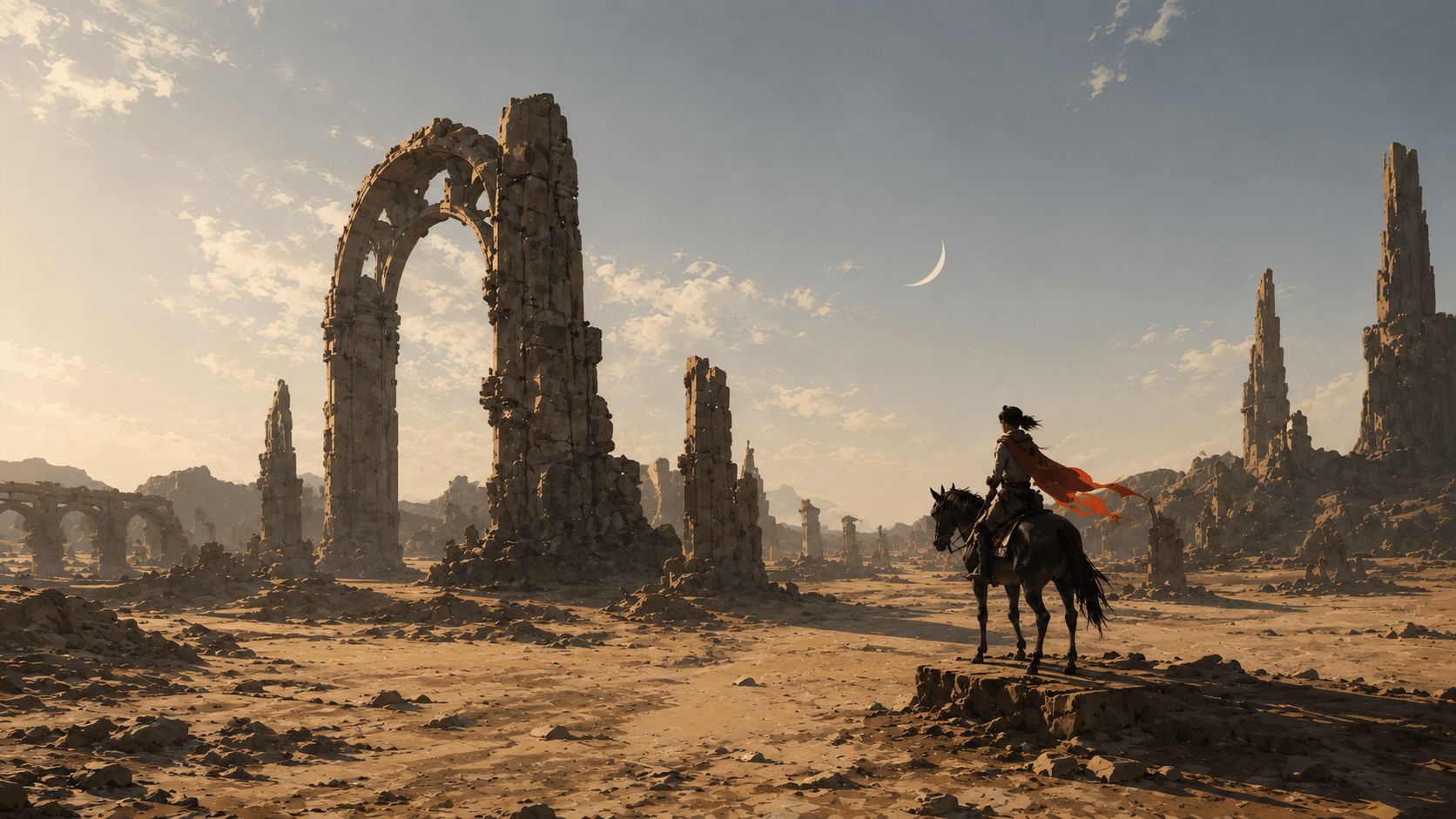 A rider on horseback crosses a desert of ancient ruins under a crescent moon