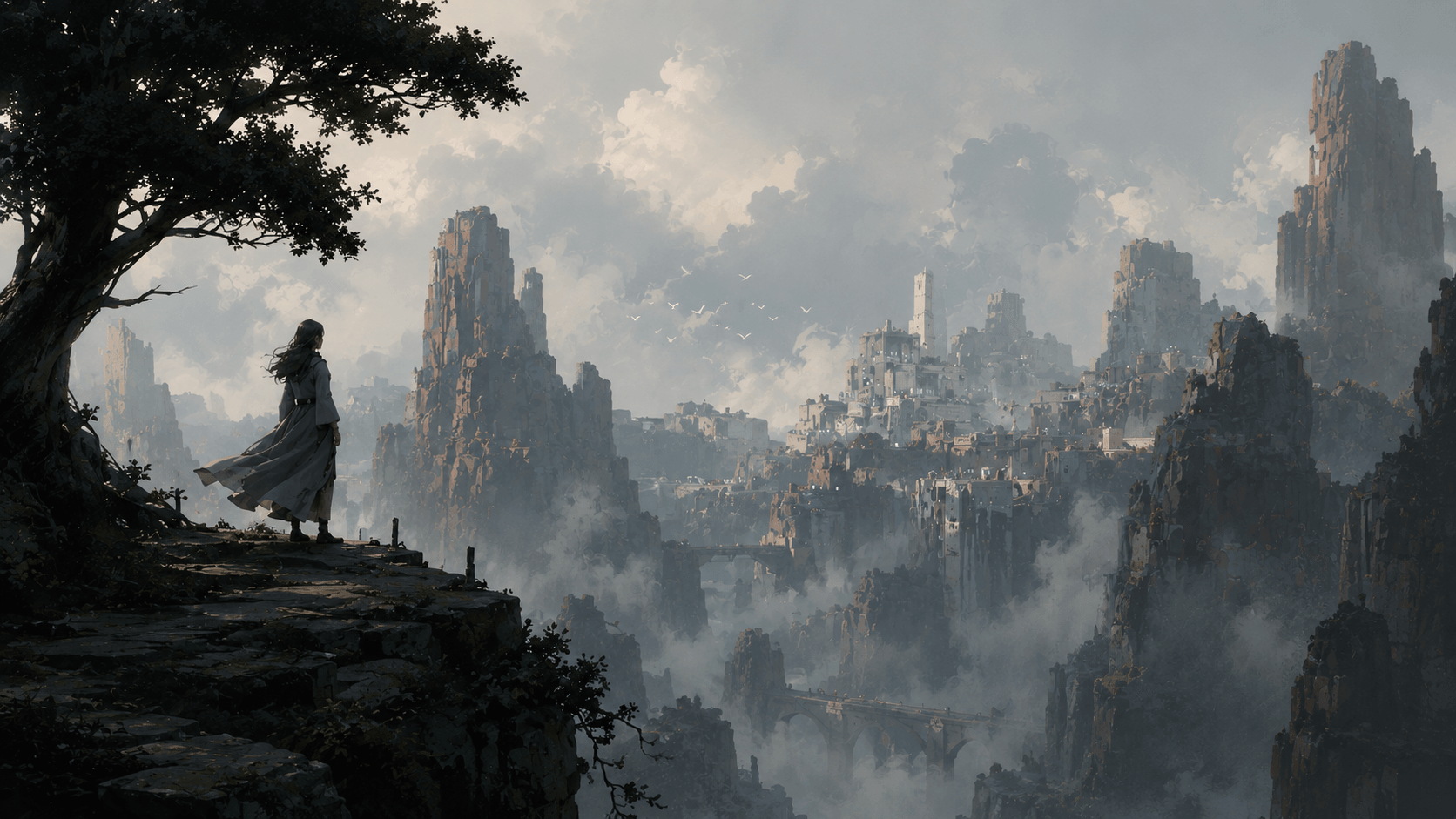 A lone figure on a cliff edge looks out over a city built into mist-covered mountains